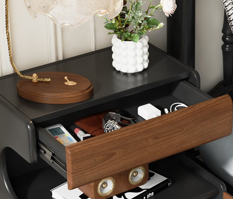 Walnut Bedside Table with LED Light and 2-Door Storage Cabinet