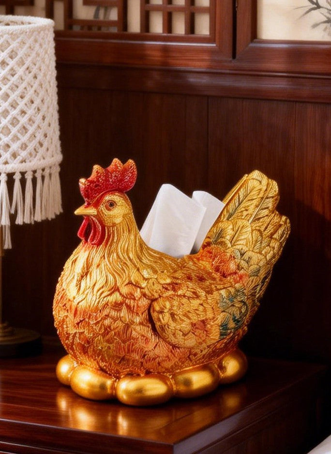Gold Hen Tissue Box Holder, Decorative Chicken Tissue Dispenser, Gold-Tone Hen Figurine Napkin Holder with Egg Base, Farmhouse Table Decor for Living Room, Kitchen, Office, Entryway