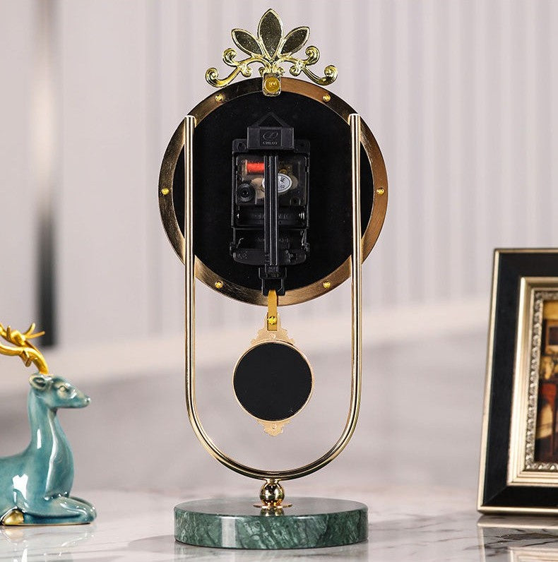 Gold and Iridescent Shell-Inlay Pendulum Table Clock, Decorative Mantel Clock with Crystal-Style Hour Markers and Green Marble Base for Living Room, Office, Bedroom and Console Table