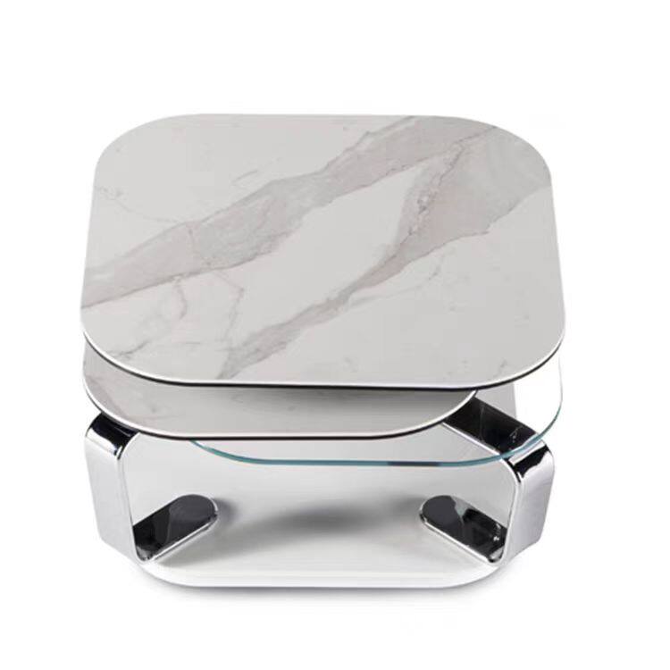 Rotating Coffee Table with Tempered Glass and Sintered Stone Tops, Modern Multi-Layer Swivel Cocktail Table with Stainless Steel Frame, Extendable Center Table for Living Room, Lounge, Apartment