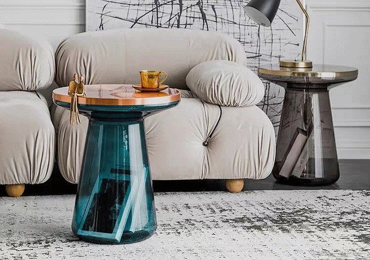 Modern Blue Glass Side Table, Round Pedestal Accent Table with Champagne Gold Rim, Luxury Small Sofa End Table for Living Room, Bedroom, Balcony and Lounge Decor