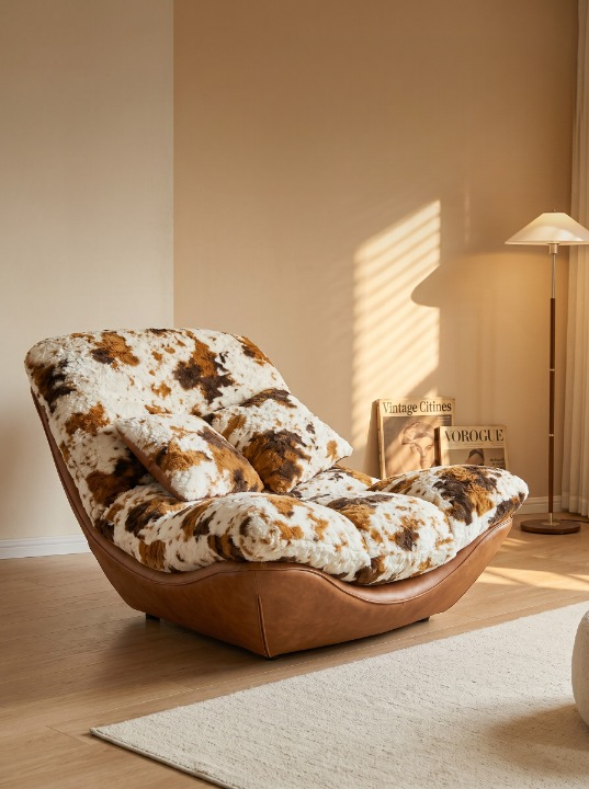 Cow Print Faux Fur Chaise Lounge Chair with Brown Leather-Look Base