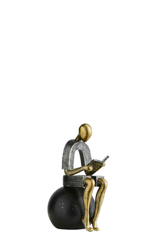 Black and Antique Gold Resin Reading Person Figurine, Abstract Seated Reader Sculpture with Book, Modern Literary Tabletop Décor for Bookshelf, Study, Office, Living Room and Entryway