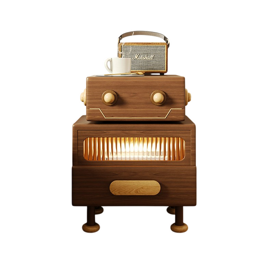 Solid Wood Robot Nightstand with Rotating Top, Walnut Bedside Table with Drawer, Ambient Light Display Cabinet, Modern End Table for Bedroom, Living Room &amp; Apartment