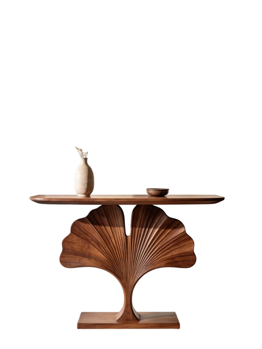 Solid Ash Wood Ginkgo Leaf Console Table, Walnut Finish