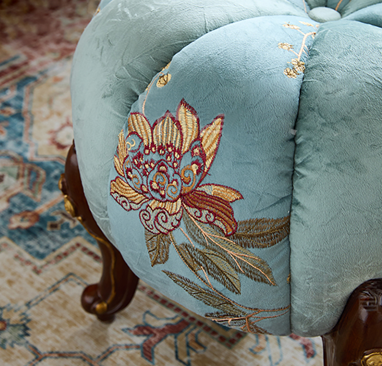 Blue Floral Upholstered Pumpkin Stool with Solid Red Oak Legs