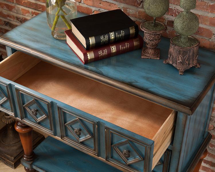 Distressed Blue Wood Console Cabinet with 8 Drawers and Lower Storage Shelf