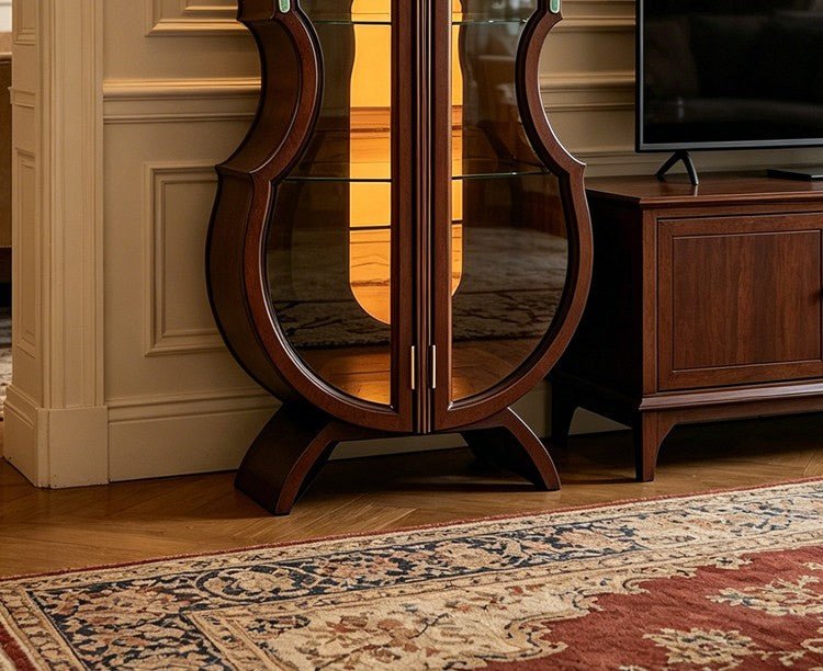 Solid Wood Violin Wine Cabinet with Glass Doors and LED Light
