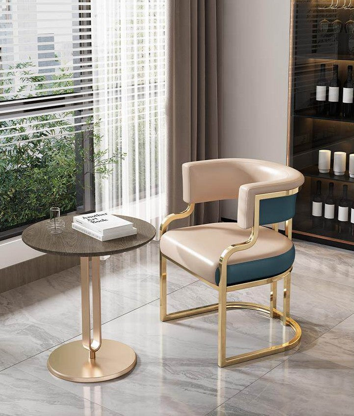 Peach Beige and Teal Blue Faux Leather Conference Chair, Gold-Tone Steel Frame Accent Armchair with Curved Wraparound Back and Fixed Arms for Office, Dining Room, Hotel and Reception