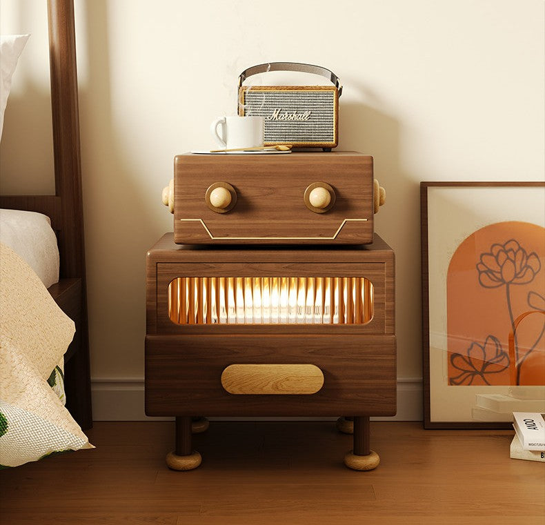 Solid Wood Robot Nightstand with Rotating Top, Walnut Bedside Table with Drawer, Ambient Light Display Cabinet, Modern End Table for Bedroom, Living Room &amp; Apartment