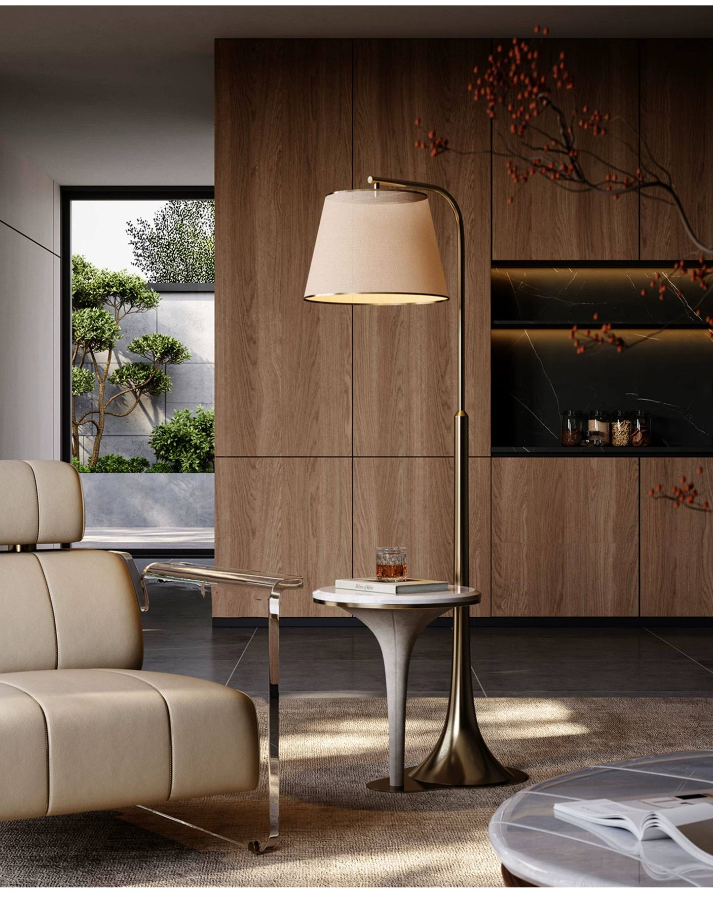 Floor Lamp with Table Attached, Modern Luxury Side Table Floor Lamp with White Stone Top, Fabric Drum Shade and Antique Bronze Metal Frame for Living Room, Bedroom, Sofa Corner