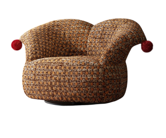Vintage Swivel Accent Chair, Curved Jacquard Upholstered Lounge Chair with Decorative Pom-Pom Details, Designer Single Sofa Chair for Living Room, Balcony and Reading Nook