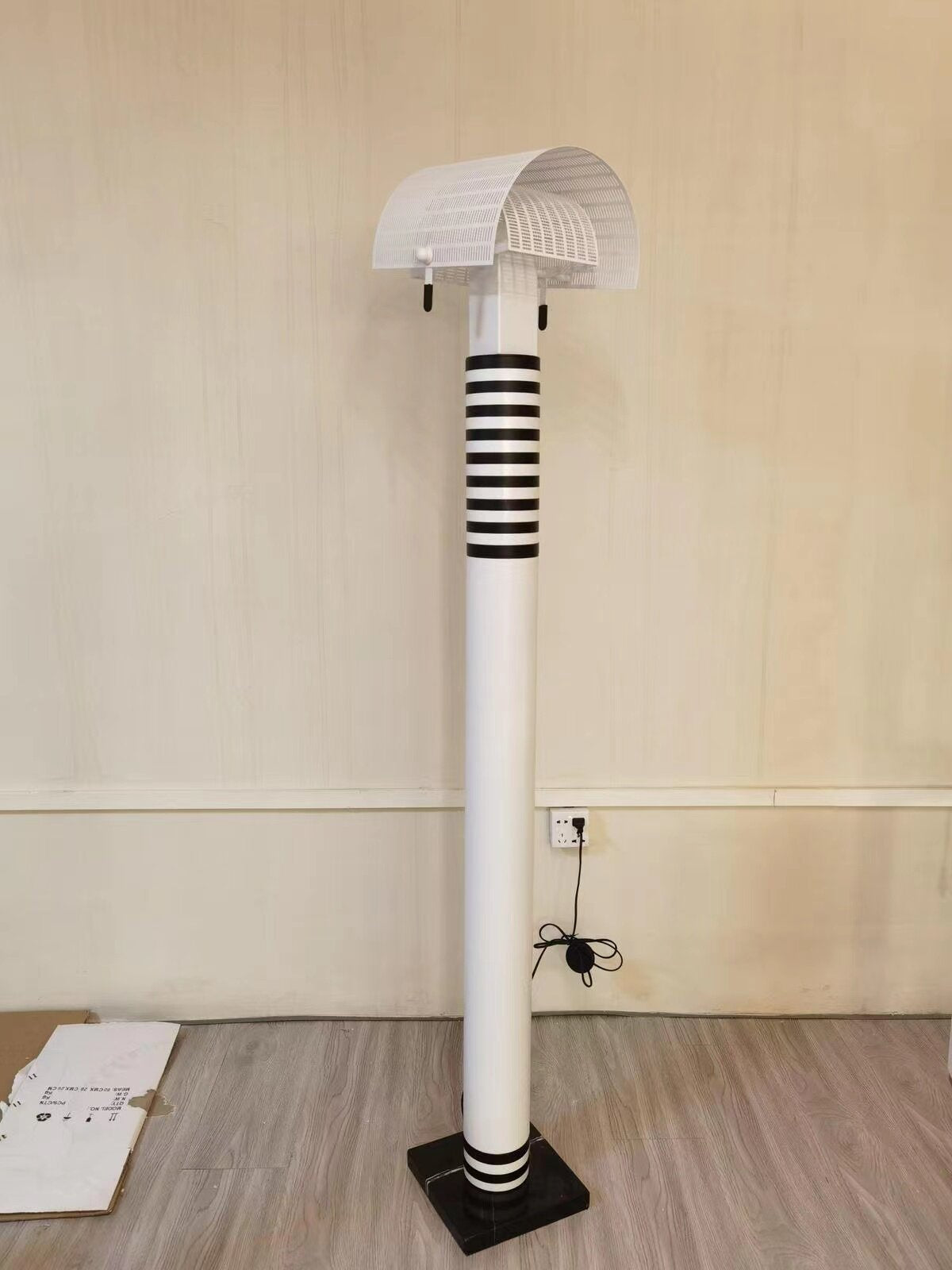 Black and White Striped Floor Lamp, Modern Perforated Metal Mesh Shade Standing Lamp, Tall Warm Light Decorative Accent Lamp for Living Room, Bedroom, Office, Study, Lounge