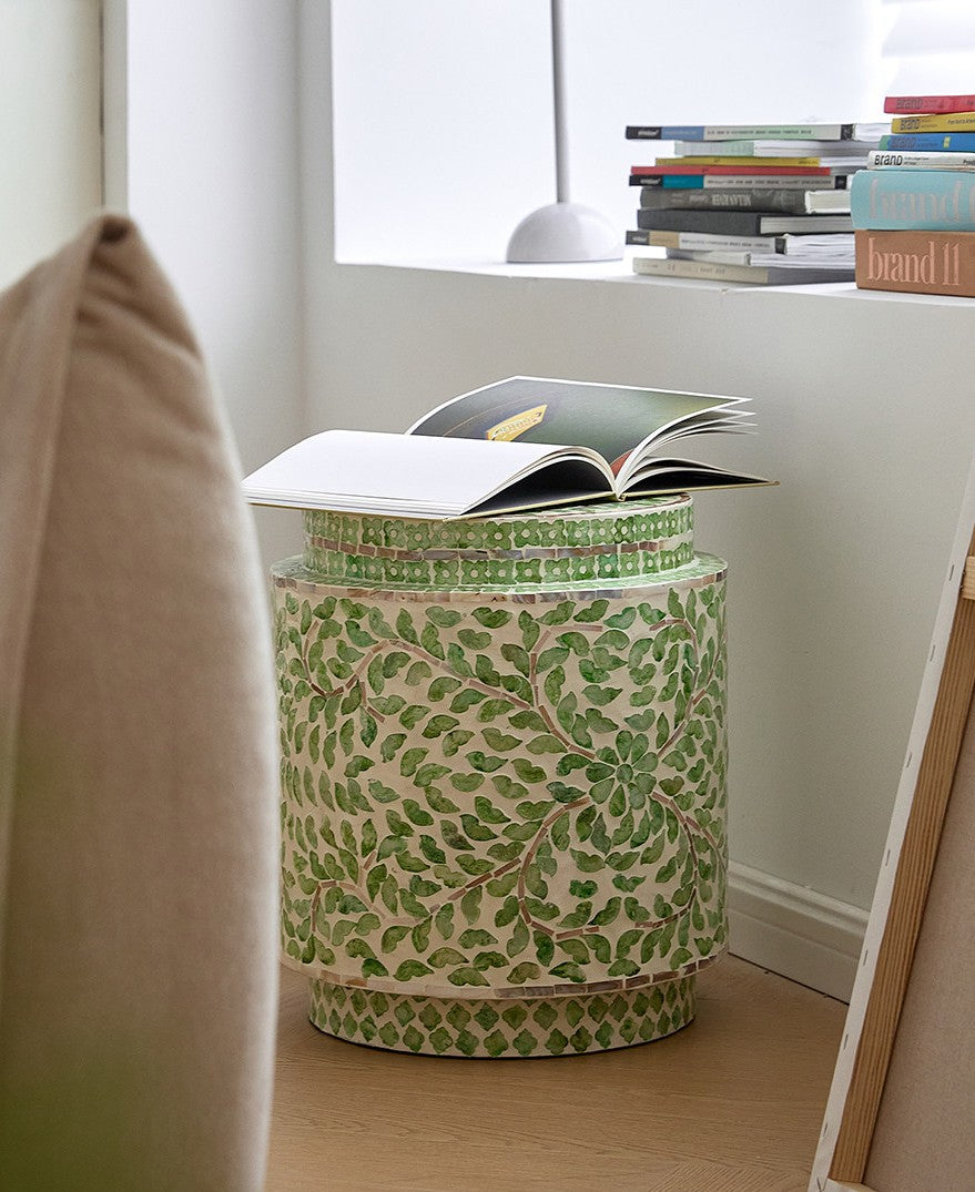Green Mother of Pearl Inlay Drum Stool, Floral Vine Accent Side Table, Handmade Round End Table with MDF Core, Decorative Garden Stool for Living Room, Bedroom, Entryway, Vanity