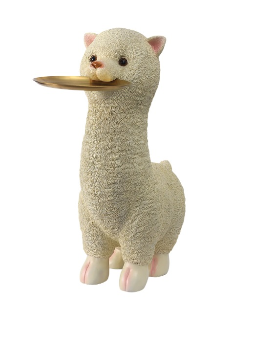 Cream Alpaca Decorative Tray Stand, Cute Animal Floor Shelf with Gold Round Tray, Resin Storage Sculpture for Living Room, Entryway, TV Cabinet, Bedroom and Housewarming Gift