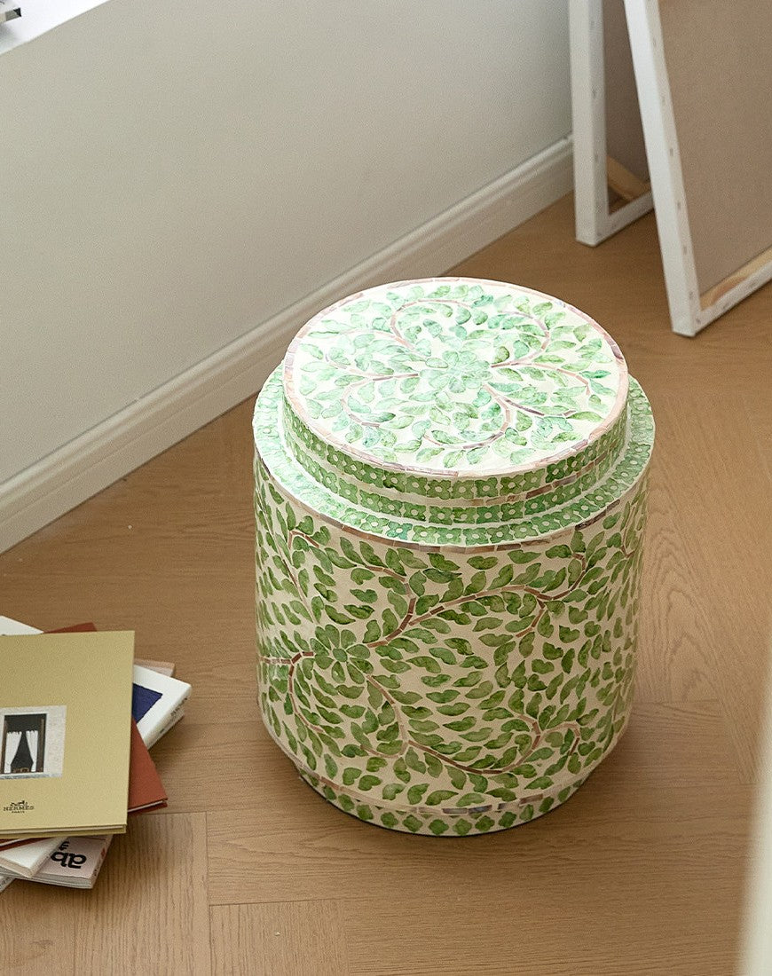 Green Mother of Pearl Inlay Drum Stool, Floral Vine Accent Side Table, Handmade Round End Table with MDF Core, Decorative Garden Stool for Living Room, Bedroom, Entryway, Vanity