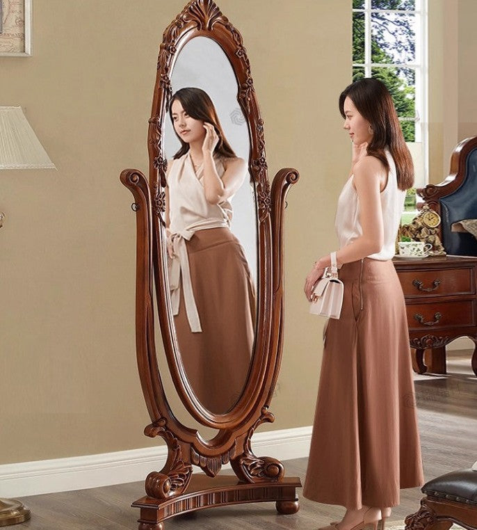 Solid Oak Ornate Freestanding Full-Length Floor Mirror