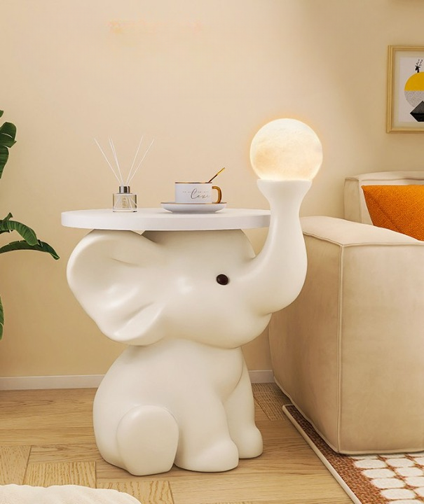 Cream White Resin Elephant Side Table with Round Wood Top and 3-Color Touch Moon Night Light, Modern Cute Accent End Table for Living Room, Bedroom, Nursery and Sofa Side