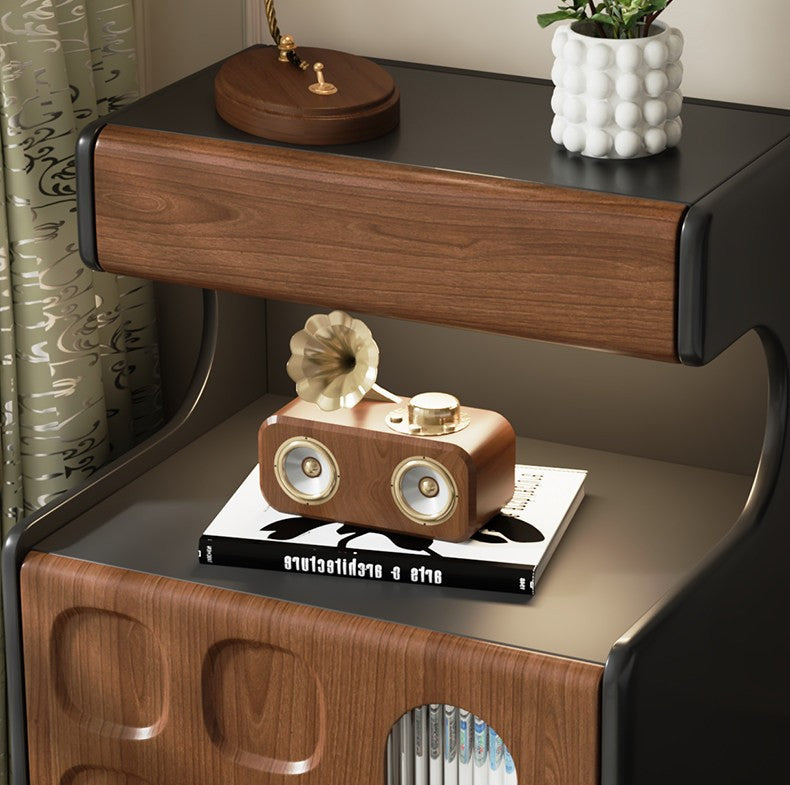 Walnut Bedside Table with LED Light and 2-Door Storage Cabinet