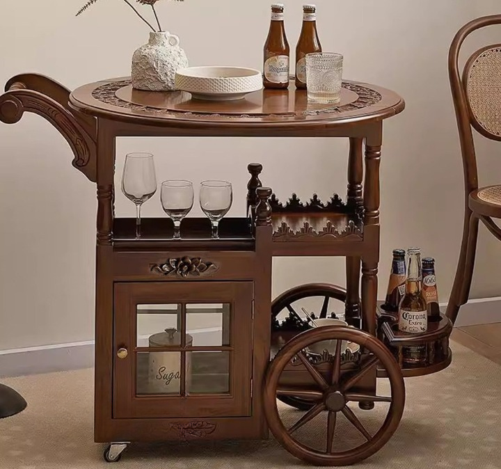 Walnut Brown Solid Wood Rolling Bar Cart with Storage Cabinet