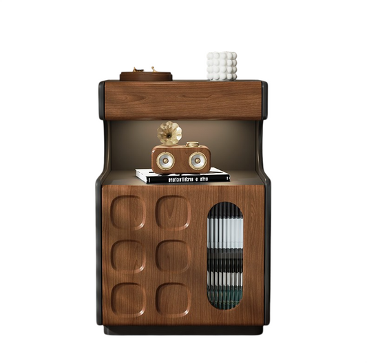 Walnut Bedside Table with LED Light and 2-Door Storage Cabinet