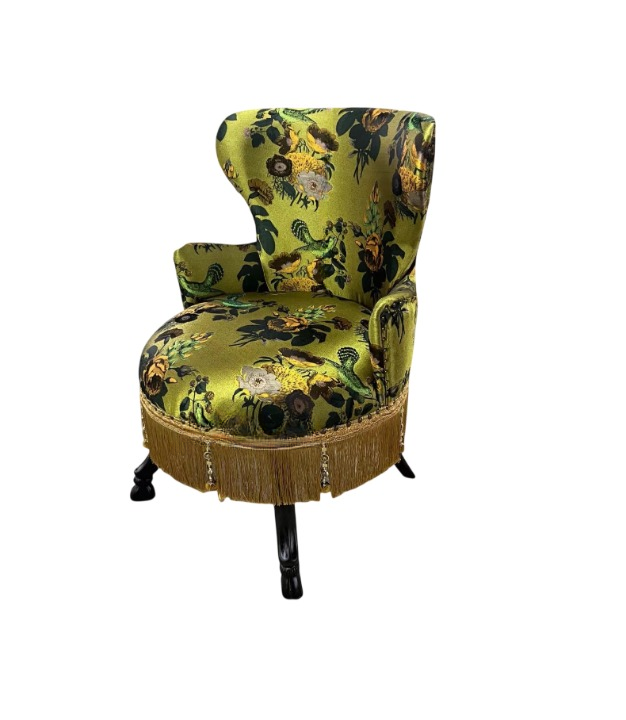 Green Floral High Back Accent Chair with Fringe and Wood Legs