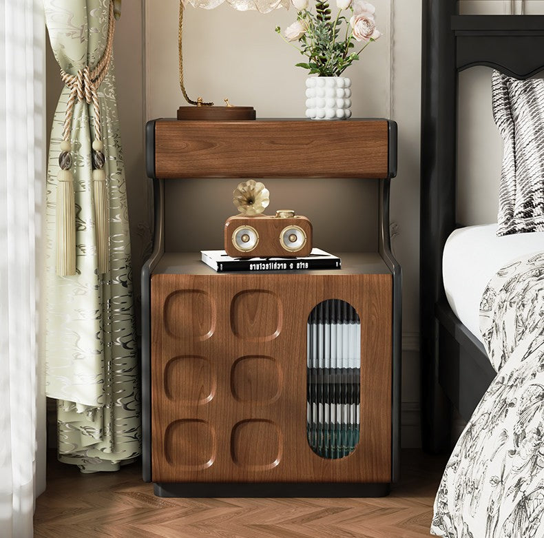 Walnut Bedside Table with LED Light and 2-Door Storage Cabinet