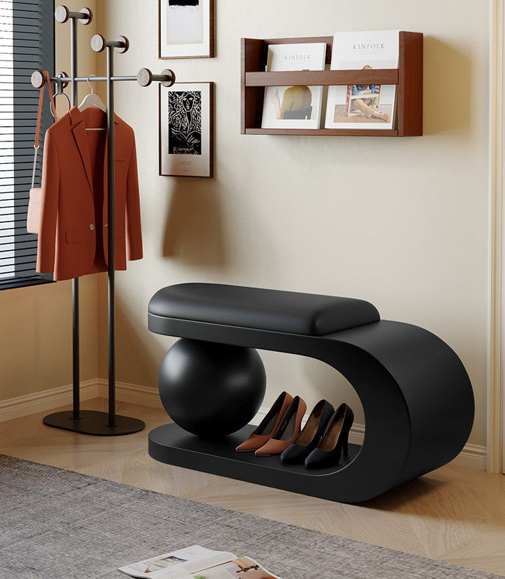 Black PU Leather Upholstered Shoe Storage Bench, Modern Sculptural Entryway Seat with Open Lower Shelf and Sphere Accent for Foyer, Bedroom, Closet and Bed End
