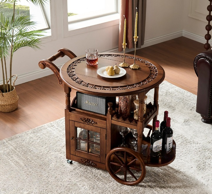 Walnut Brown Solid Wood Rolling Bar Cart with Storage Cabinet