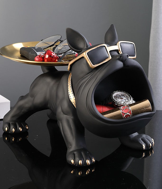 Black Resin French Bulldog Key Holder Tray, Modern Decorative Dog Catchall Organizer with Gold Round Tray and Sunglasses, Entryway Tabletop Storage Accent for Keys, Coins, Jewelry and Console Decor
