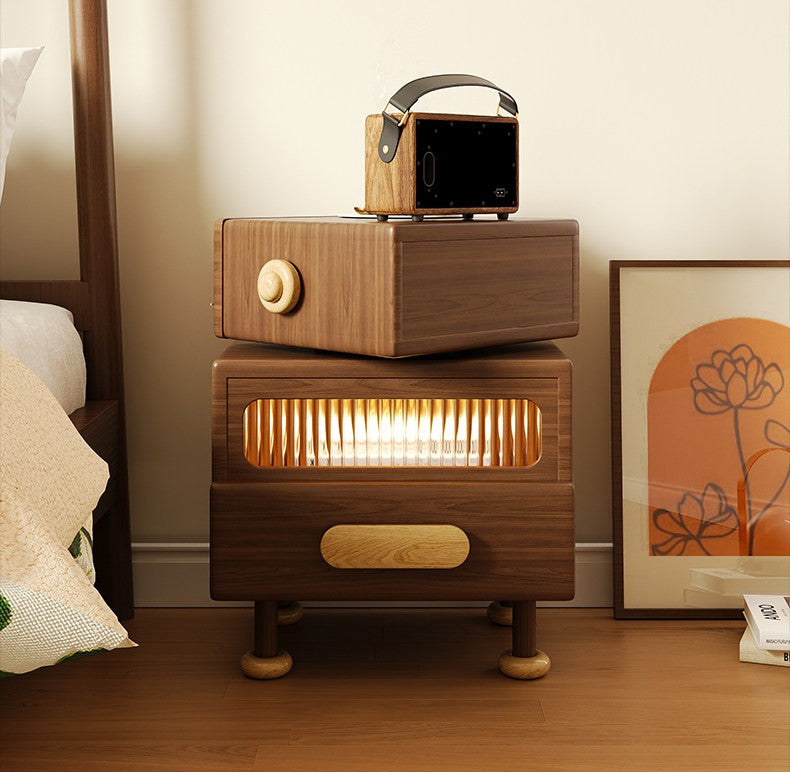 Solid Wood Robot Nightstand with Rotating Top, Walnut Bedside Table with Drawer, Ambient Light Display Cabinet, Modern End Table for Bedroom, Living Room &amp; Apartment