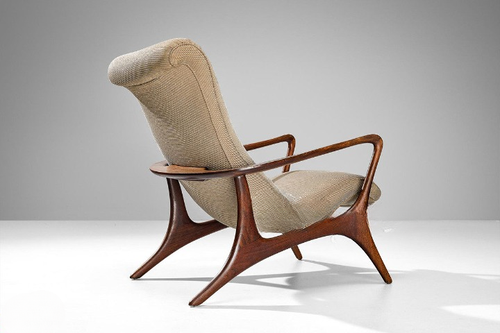 Modern Walnut Wood Lounge Chair, Curved High Back Accent Chair with Khaki Performance Fabric Upholstery, Italian Style Single Sofa Chair for Living Room, Bedroom, Balcony, Reading Nook and Small Spaces