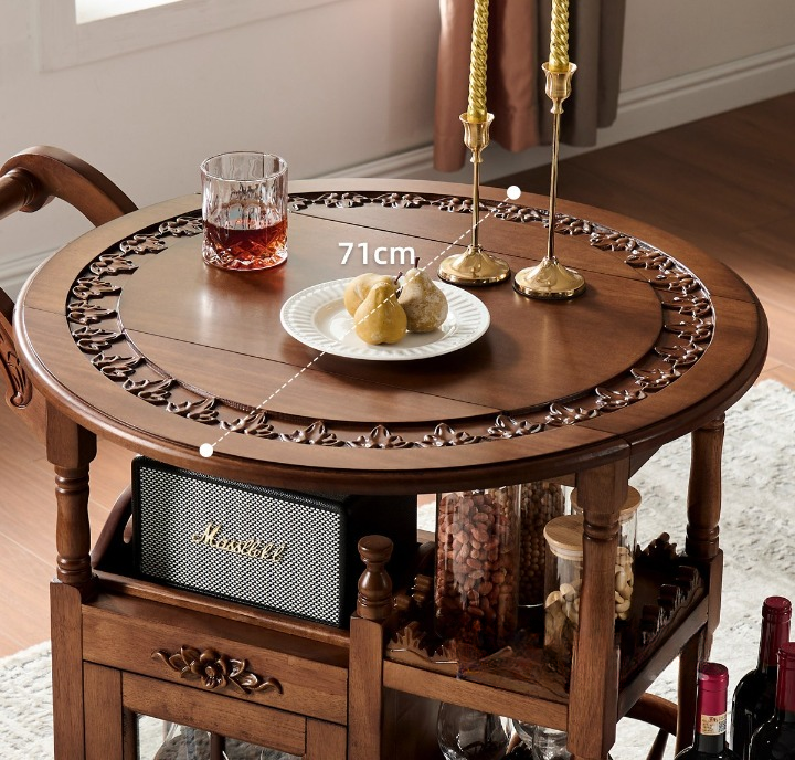 Walnut Brown Solid Wood Rolling Bar Cart with Storage Cabinet