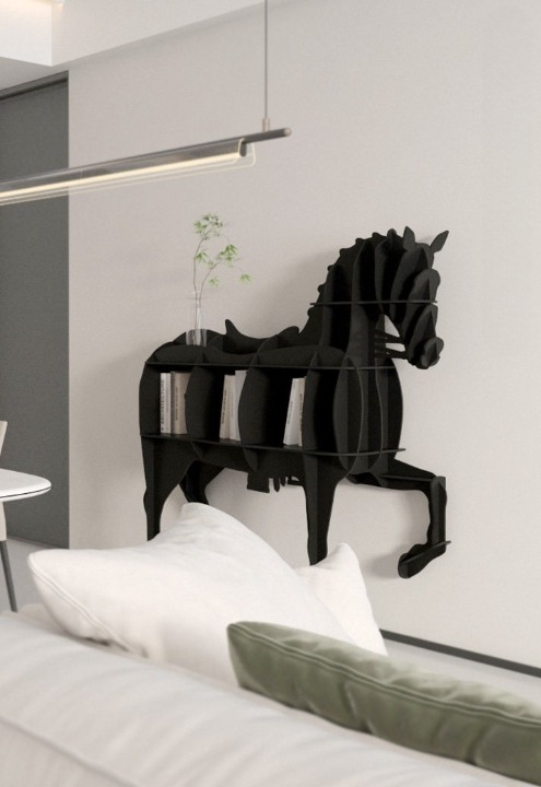 Black Horse-Shaped Bookcase, Storage Display Shelf and Room Divider