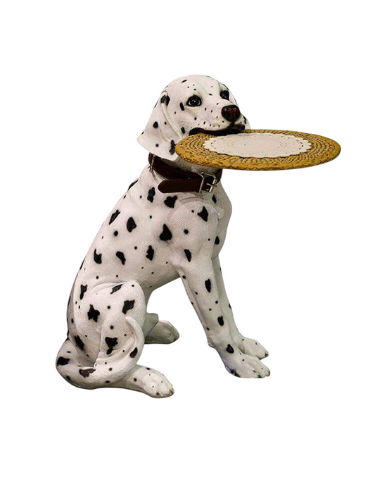 Large Dalmatian Dog Statue Tray Holder, Resin Spotted Dog Floor Decor with Round Tray, Entryway Key Bowl Stand for Living Room, Hallway, TV Cabinet and Housewarming Gift