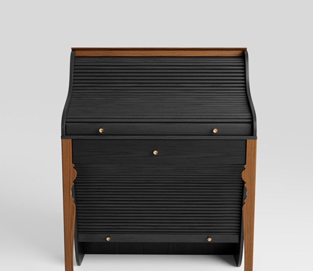 Roll Top Vanity Desk with Storage Shelves and Drawer, Solid Wood Makeup Table, Compact Dressing Table Organizer for Bedroom, Walk In Closet, Beauty Room, Black and Natural Wood