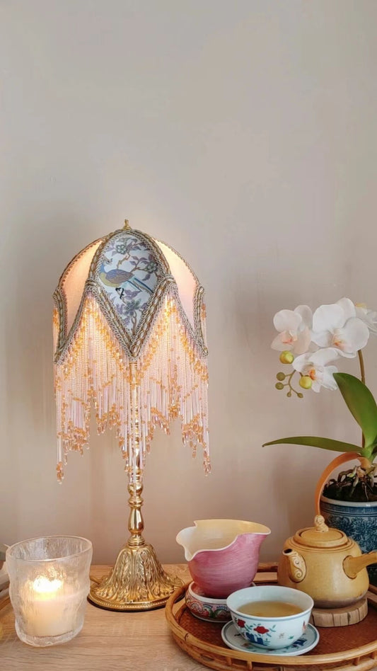 Peach Pink Vintage Fringe Table Lamp, 19.7 Inch French Style Bedside Lamp with Floral Bird Fabric Shade, Beaded Tassel Accent Lamp with E27 Socket for Bedroom, Living Room, Study