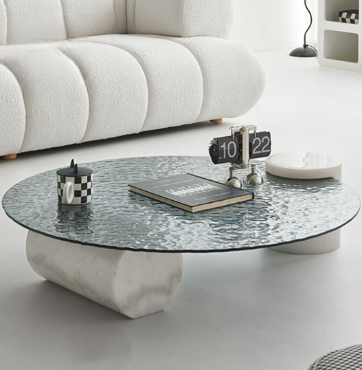 Modern Tempered Glass Coffee Table Set, Marble Base Round Center Table for Living Room & Household Decor