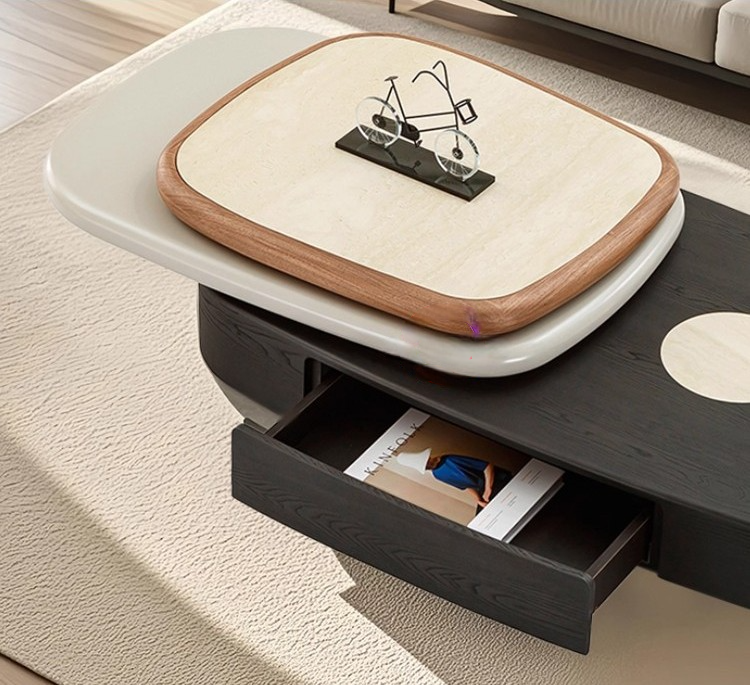 Minimalist Rotating Sintered Stone Top Coffee Table, Modern Multi-Layer Pebble Shape Center Table for Living Room