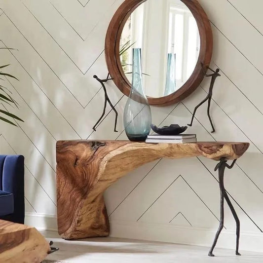 The Atlas Wood log solid wood console table. Entryway hallway & living room home decor with mirror.