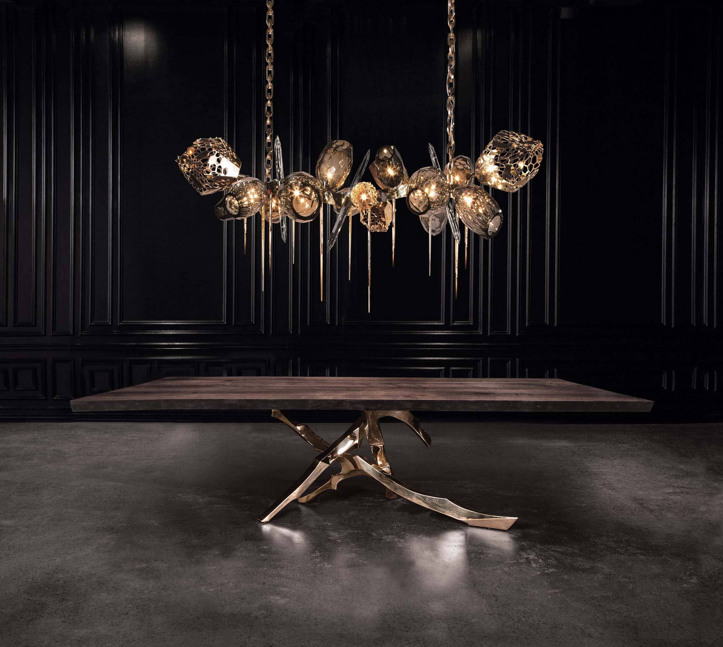 A Luxury Crystal Chandelier – Gold & Smoke Glass Pendant Light with Sculptural Design – Designer Hanging Light for Living Room, Kitchen Island & Entryway