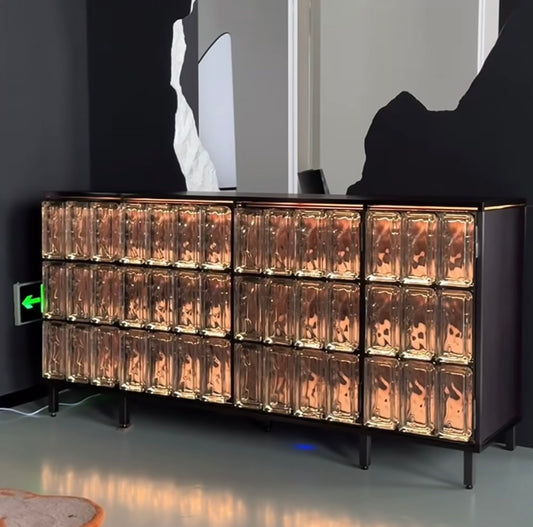 Luxury Glass Block Sideboard Cabinet with Modern LED Lighting – Elegant Storage Console with Glass Doors & Wooden Shelves – Contemporary Accent Furniture for Living Room, Dining Room, or Office
