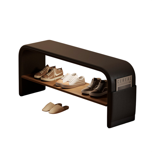 Narrow Entryway Shoe Bench with Padded Black Faux Leather Seat, 23.6-Inch Hallway Bench with Metal Shoe Rack, Side Storage Pocket and Motion Sensor Light for Foyer, Bedroom or Closet