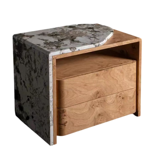 Solid Wood Nightstand with Stone Top, 2 Drawers and Open Shelf