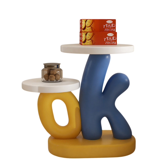 Blue and Yellow Letter Side Table with Two Round Display Trays