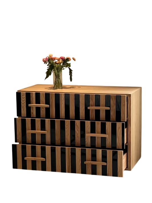 Striped Wood 3 Drawer Dresser Cabinet, Vintage Style Chest of Drawers with Black and Natural Vertical Stripe Fronts, Bedroom Storage Cabinet for Living Room, Hallway, Entryway, Closet, and Home Organization