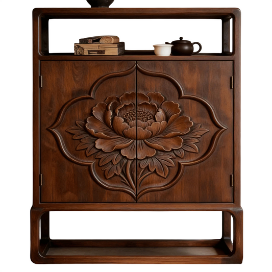 Solid Ash Wood Carved Entryway Storage Cabinet with Floral Doors, Modern Wooden Sideboard Buffet Cabinet with Open Display Shelf, Walnut Finish Accent Console Cabinet for Entryway, Dining Room, Living Room &amp; Hallway