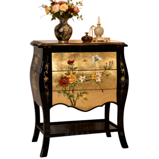 Black Accent Chest with 3 Drawers and Hand-Painted Floral Panels