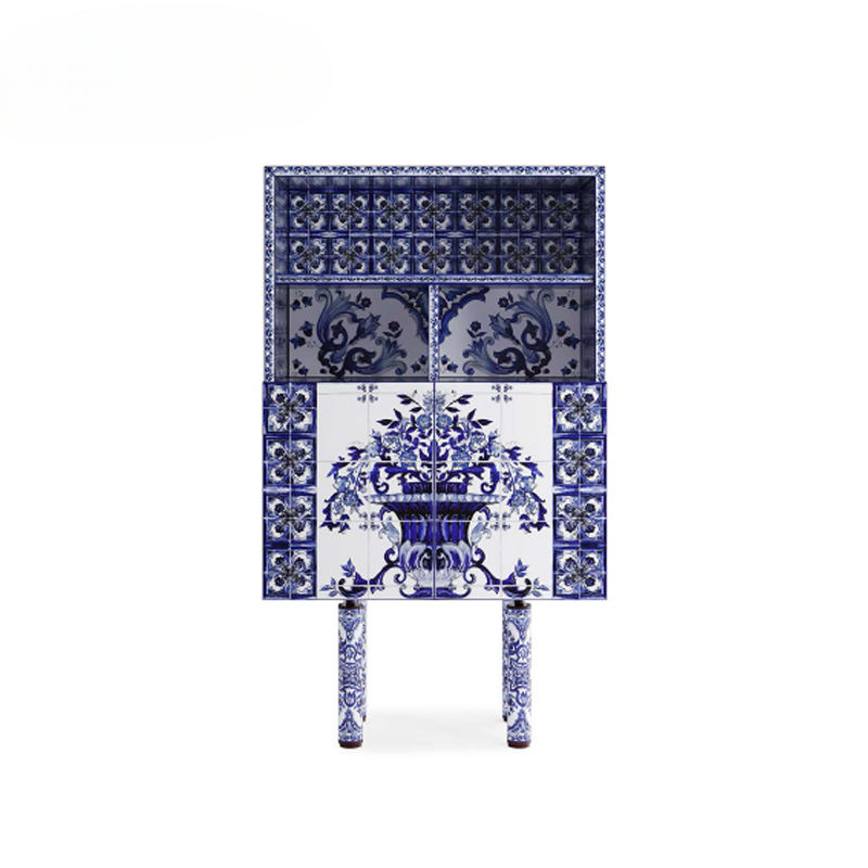 Luxury Blue White Storage Cabinet Hand Painted Pattern Sideboard Cabinet Modern Decorative Accent Console Cabinet Multi-Compartment Organizer for Living Room Entryway Dining Room Hallway