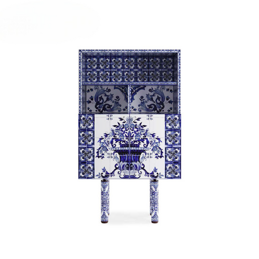 Luxury Blue White Storage Cabinet Hand Painted Pattern Sideboard Cabinet Modern Decorative Accent Console Cabinet Multi-Compartment Organizer for Living Room Entryway Dining Room Hallway